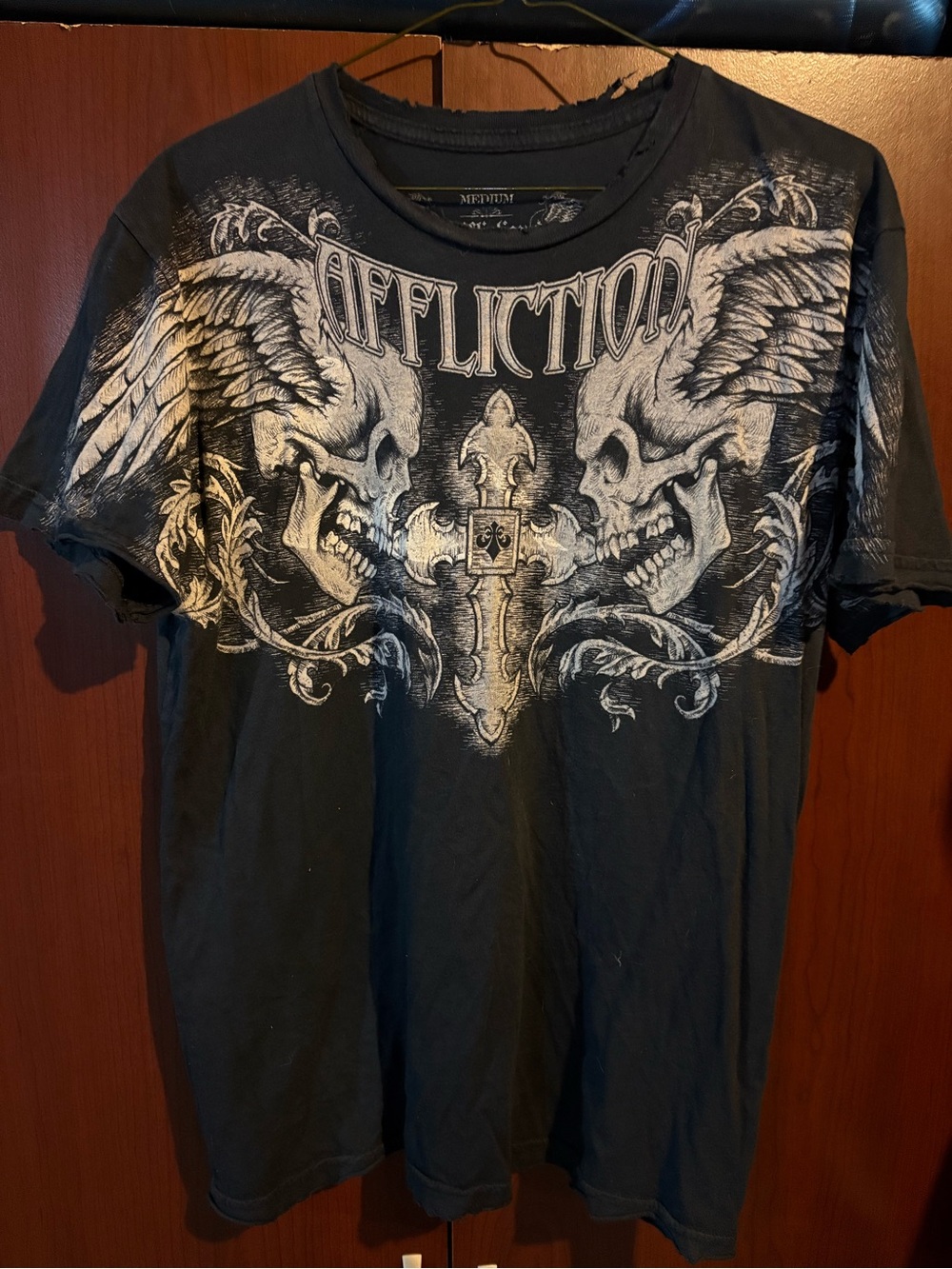 Affliction Black Tee with White Skull Wings Graphic